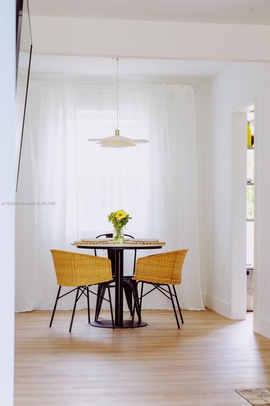Dining room, Interior, Pendant Lights, Wood Texture Flooring