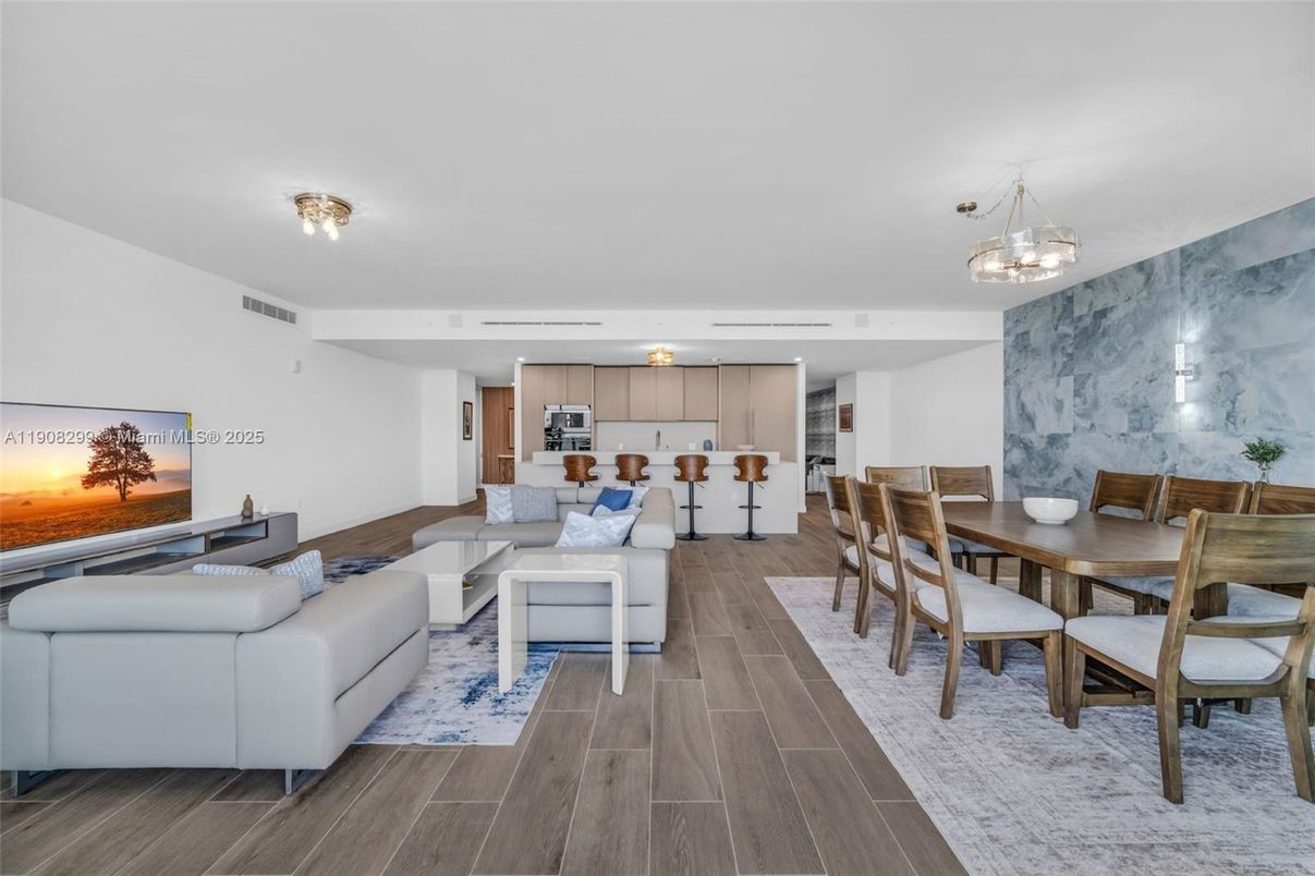 Dining room, Interior, Kitchen, Living room, Marble Walls, Pendant Lights, Wood Texture Flooring