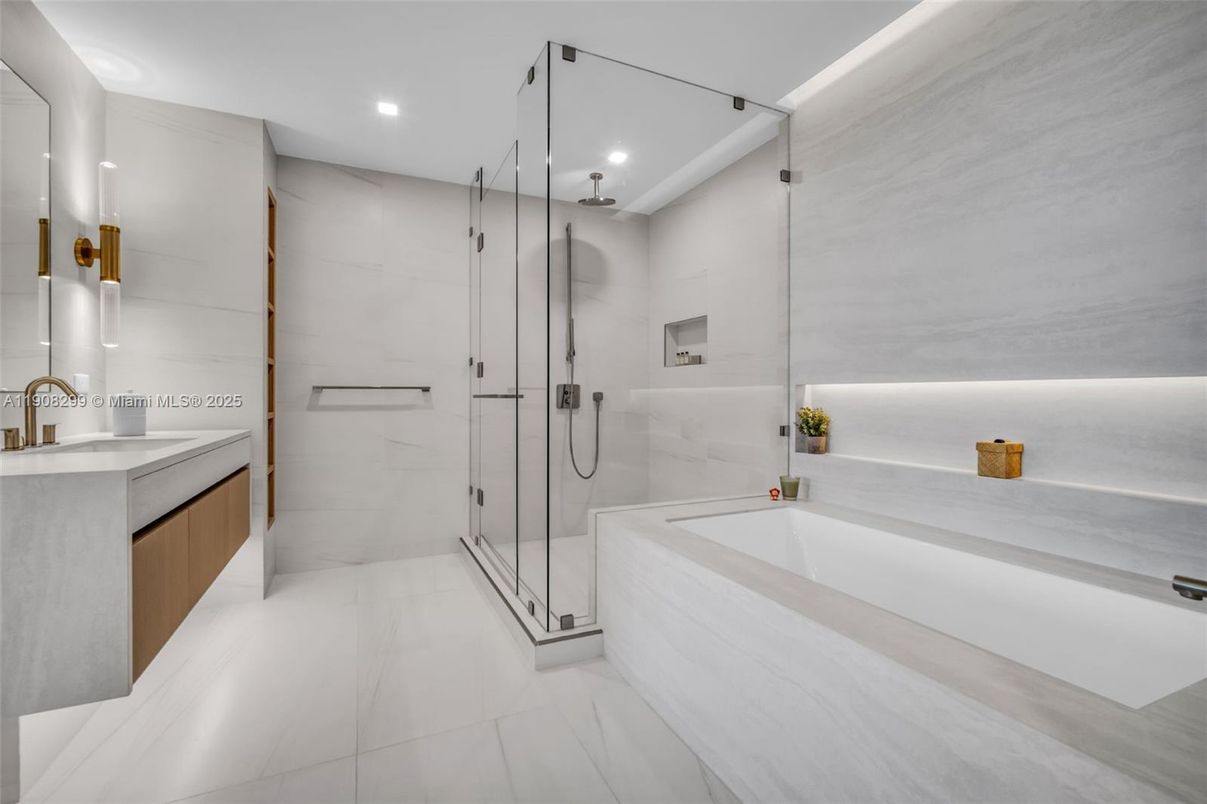 Bathroom, Glass Shower, Interior, Marble Walls, Recessed Lighting