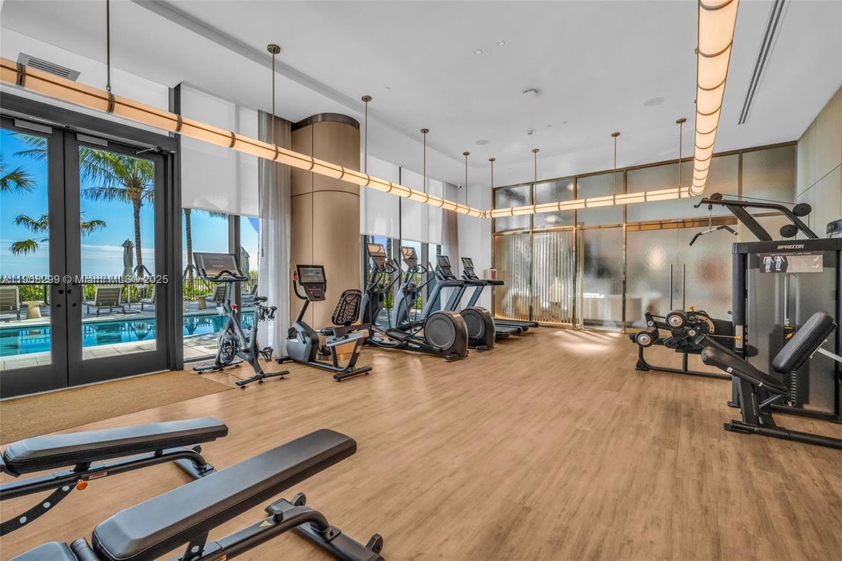 Fitness Equipment, Gym, Interior, Pendant Lights, Wood Texture Flooring