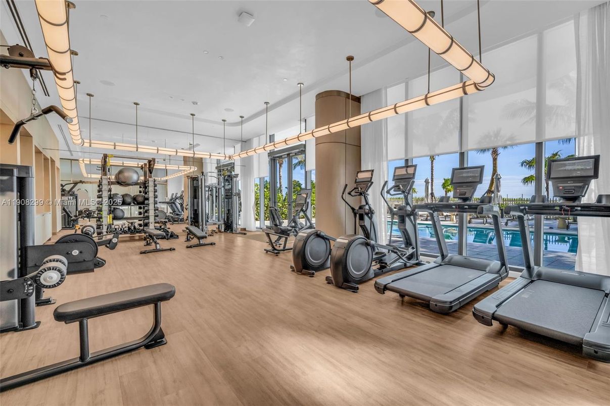 Fitness Equipment, Gym, Interior, Pendant Lights, Wood Texture Flooring