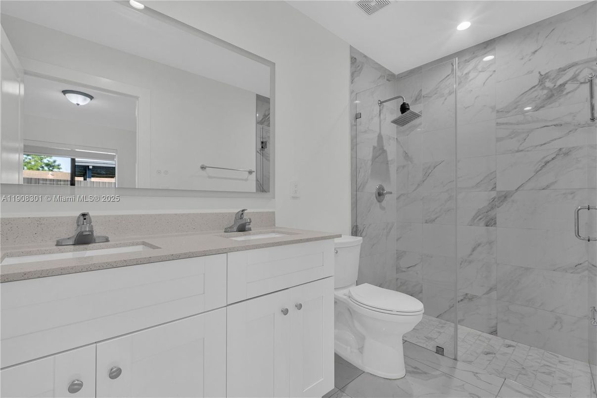Bathroom, Glass Shower, Interior, Marble, Marble Walls, Recessed Lighting