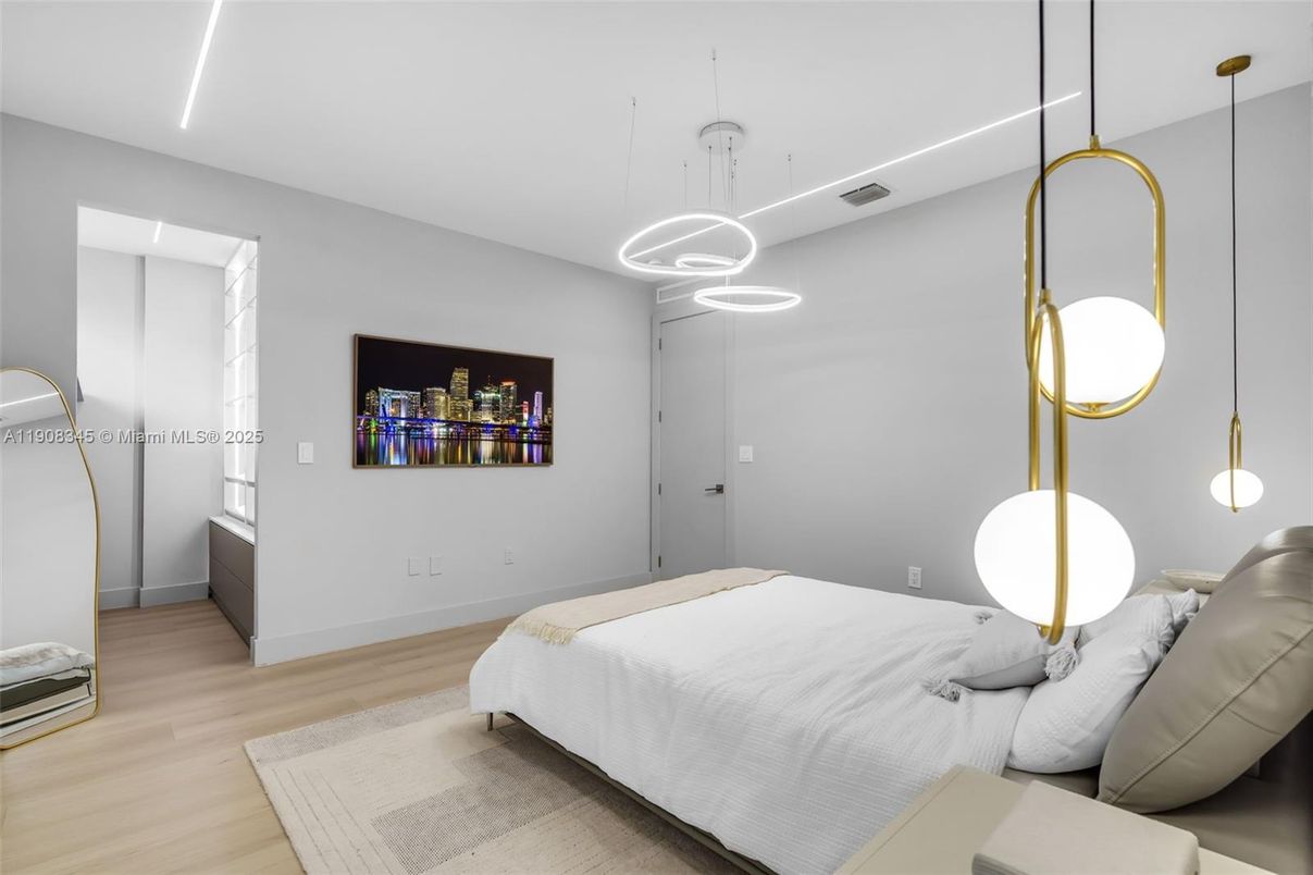 Bedroom, Interior, Pendant Lights, Wood Texture Flooring