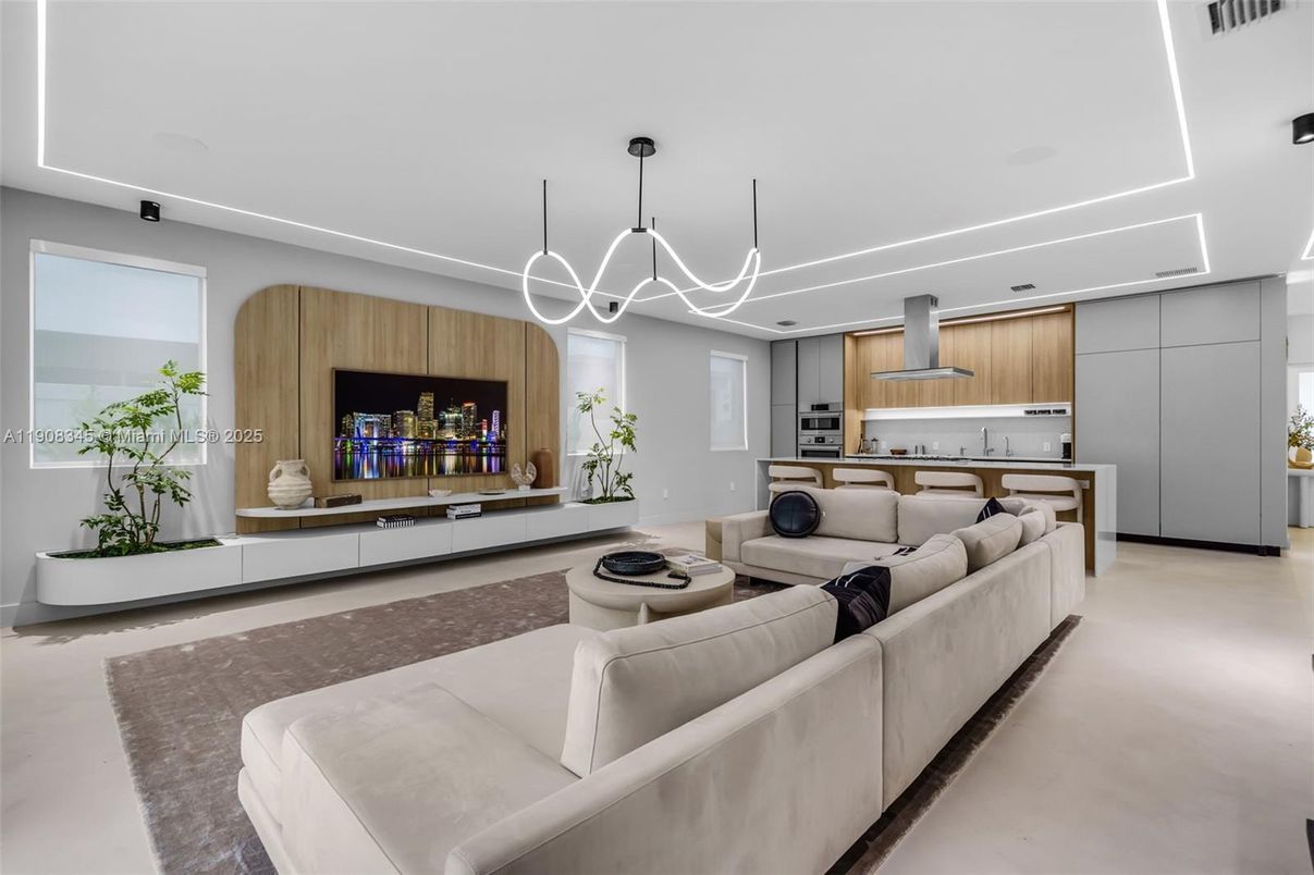 Interior, Kitchen, Living room, Pendant Lights, Recessed Lighting, Stainless Steel Appliances, Wooden Walls