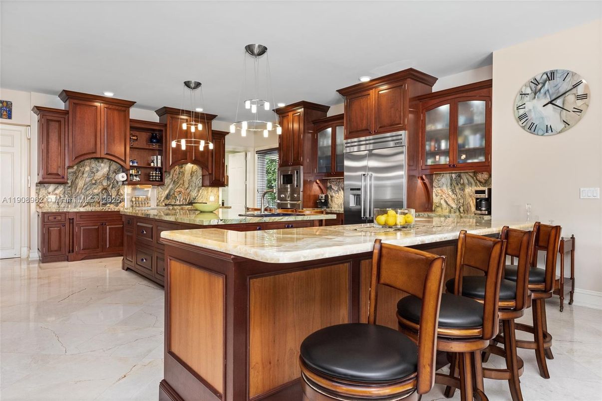 Interior, Kitchen, Marble, Pendant Lights, Recessed Lighting, Stainless Steel Appliances
