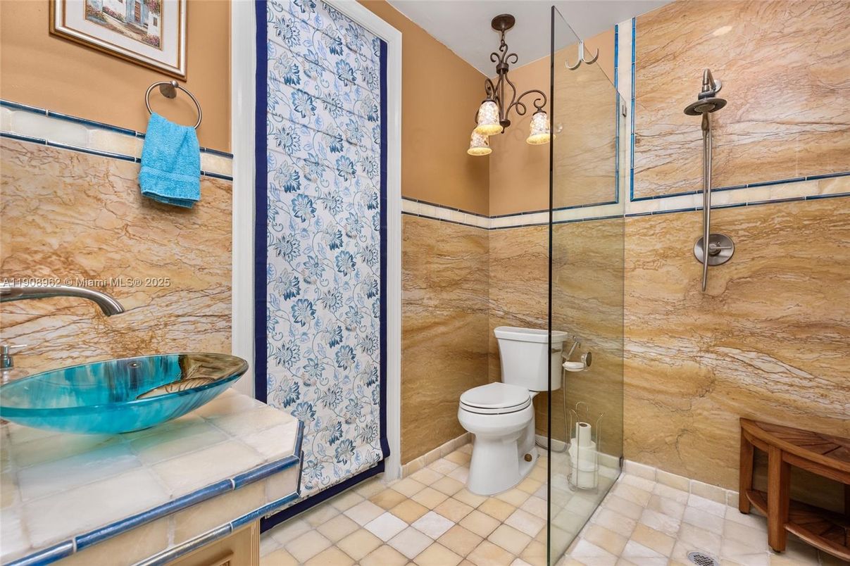 Bathroom, Glass Shower, Interior, Pendant Lights, Tile Countertops