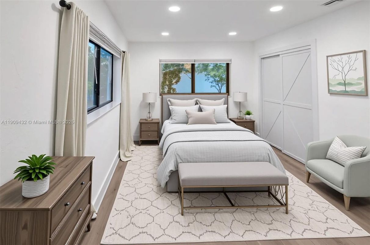 Bedroom, Interior, Recessed Lighting, Wood Texture Flooring