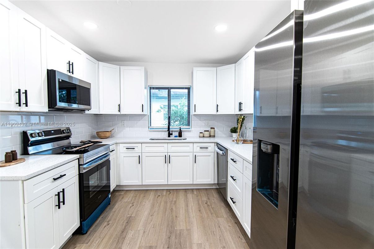 Interior, Kitchen, Recessed Lighting, Stainless Steel Appliances, Wood Texture Flooring