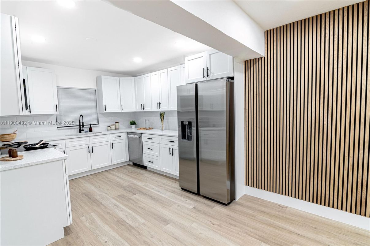 Interior, Kitchen, Recessed Lighting, Stainless Steel Appliances, Wood Texture Flooring