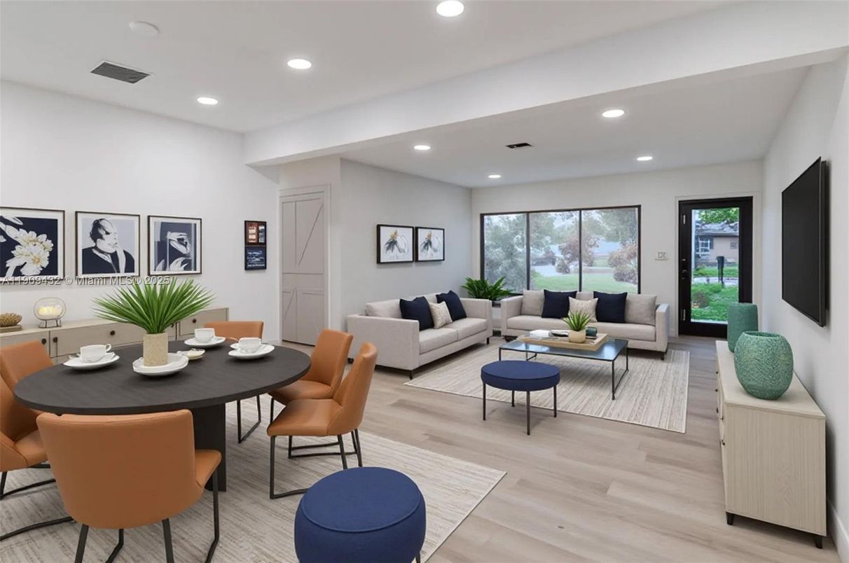 Dining room, Interior, Living room, Recessed Lighting, Wood Texture Flooring