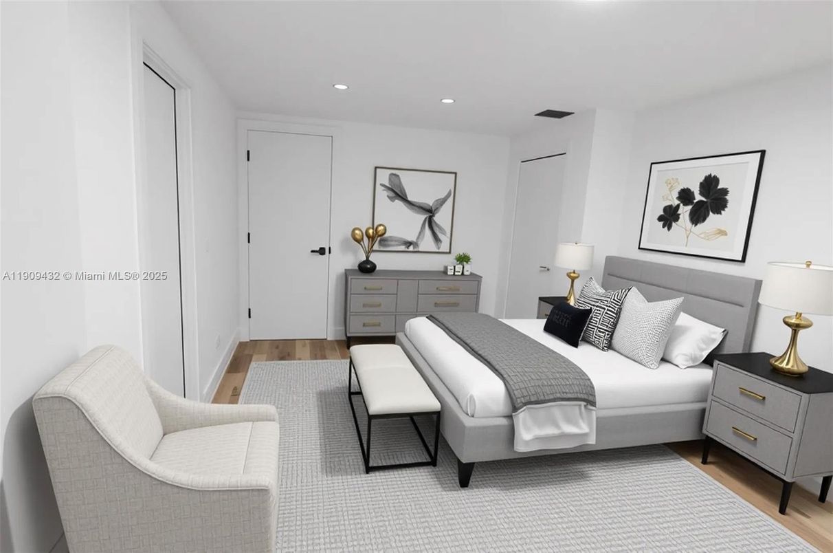 Bedroom, Interior, Recessed Lighting, Wood Texture Flooring