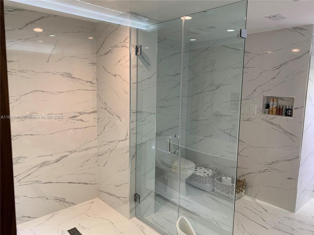 Bathroom, Glass Shower, Interior, Marble, Marble Walls, Recessed Lighting