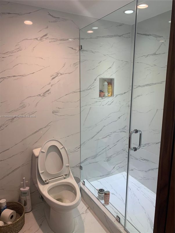Bathroom, Glass Shower, Interior, Marble Walls, Recessed Lighting