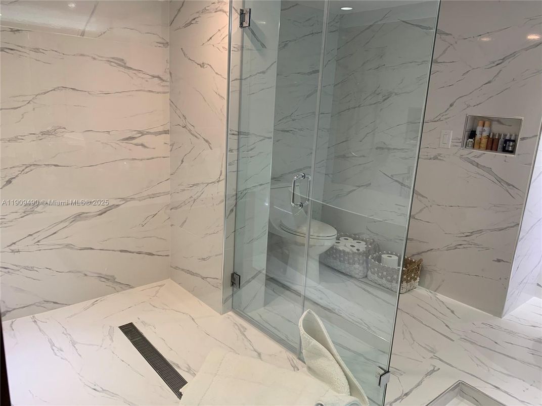 Bathroom, Glass Shower, Interior, Marble, Marble Walls, Recessed Lighting