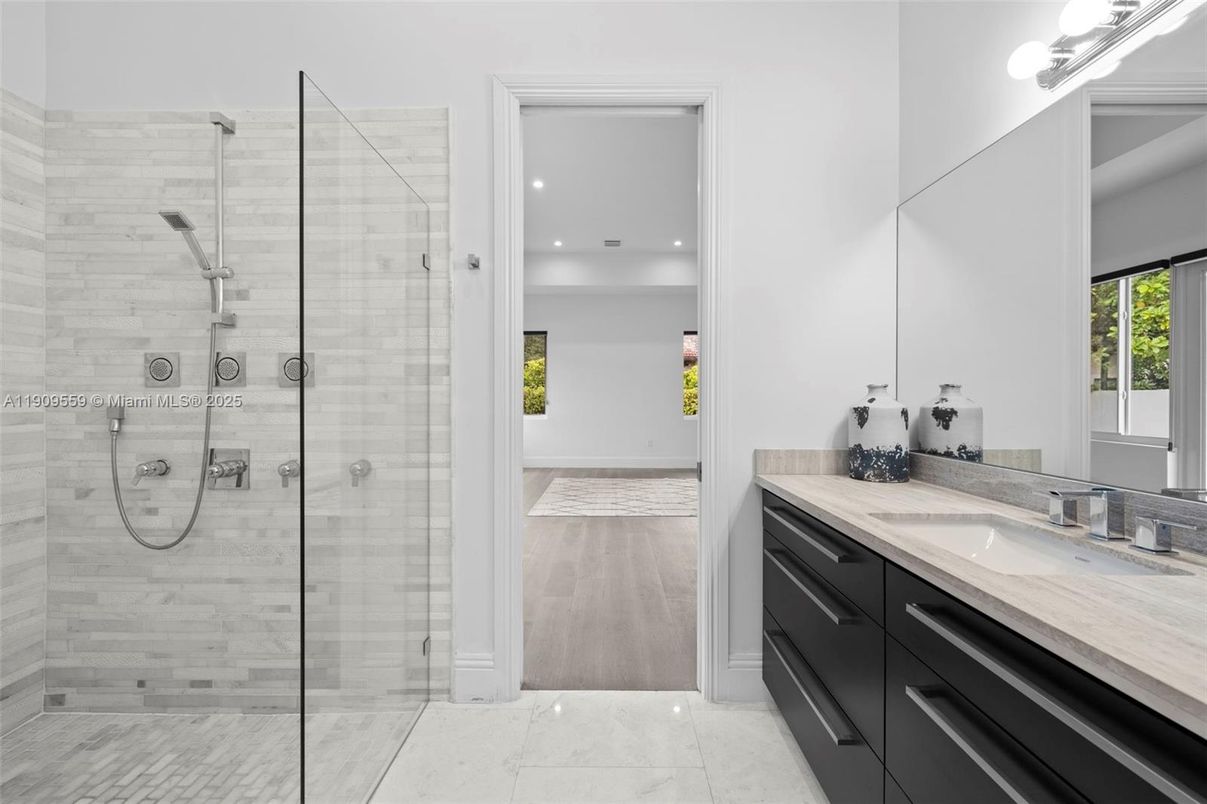 Bathroom, Dual Sink Vanities, Glass Shower, Interior, Recessed Lighting, Wood Texture Flooring