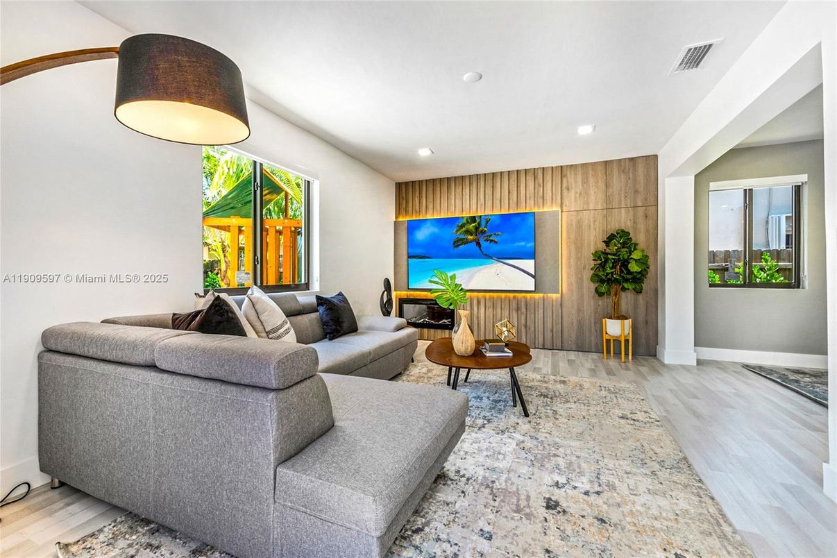 Interior, Living room, Recessed Lighting, Wood Texture Flooring, Wooden Walls