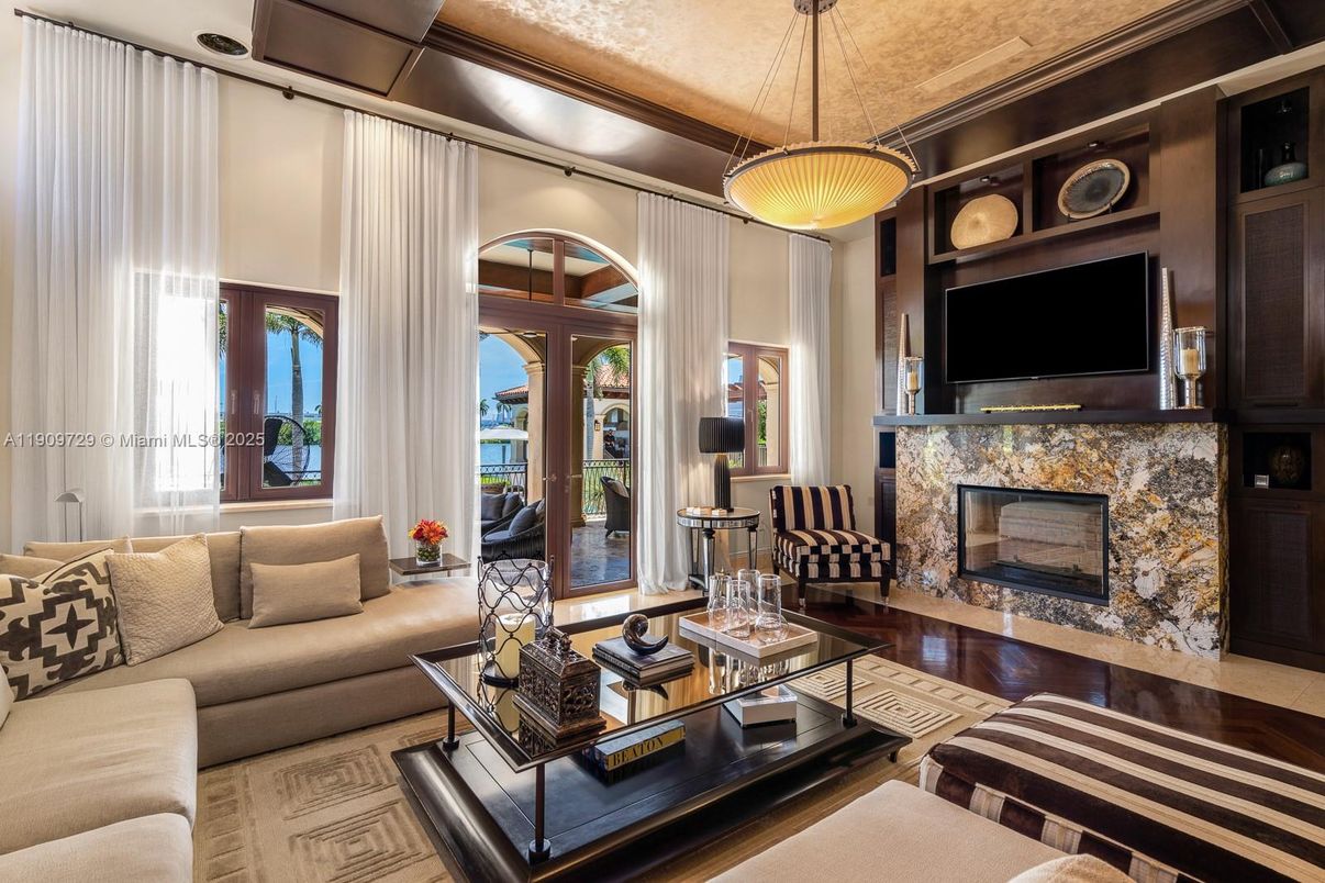 Fireplace, Interior, Living room, Pendant Lights, Wood Texture Flooring