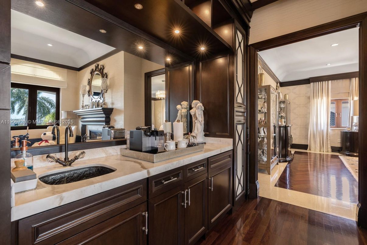 Bathroom, Dual Sink Vanities, Fireplace, Interior, Recessed Lighting, Wood Texture Flooring
