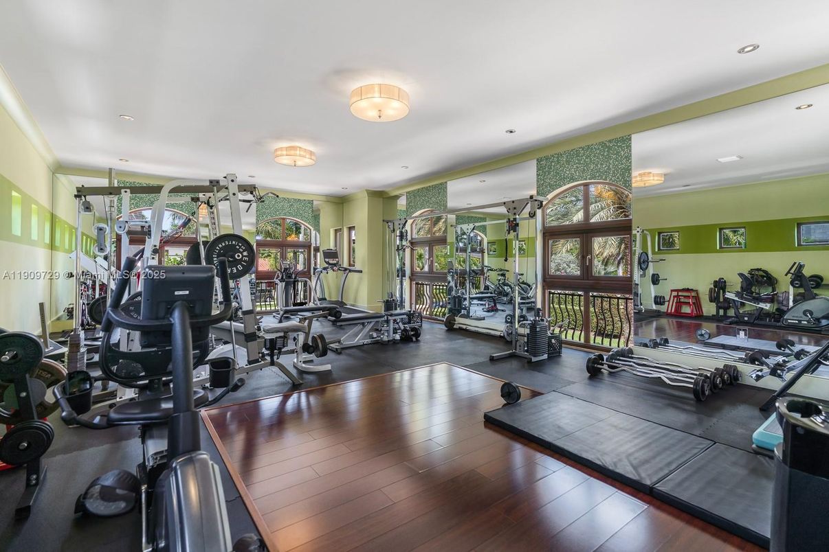 Fitness Equipment, Gym, Interior, Recessed Lighting, Wood Texture Flooring