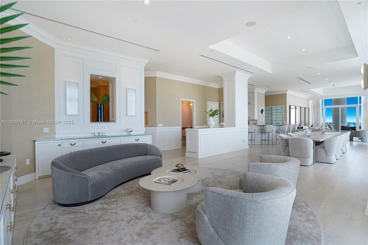 Dining room, Interior, Living room, Recessed Lighting, Water, Wood Texture Flooring