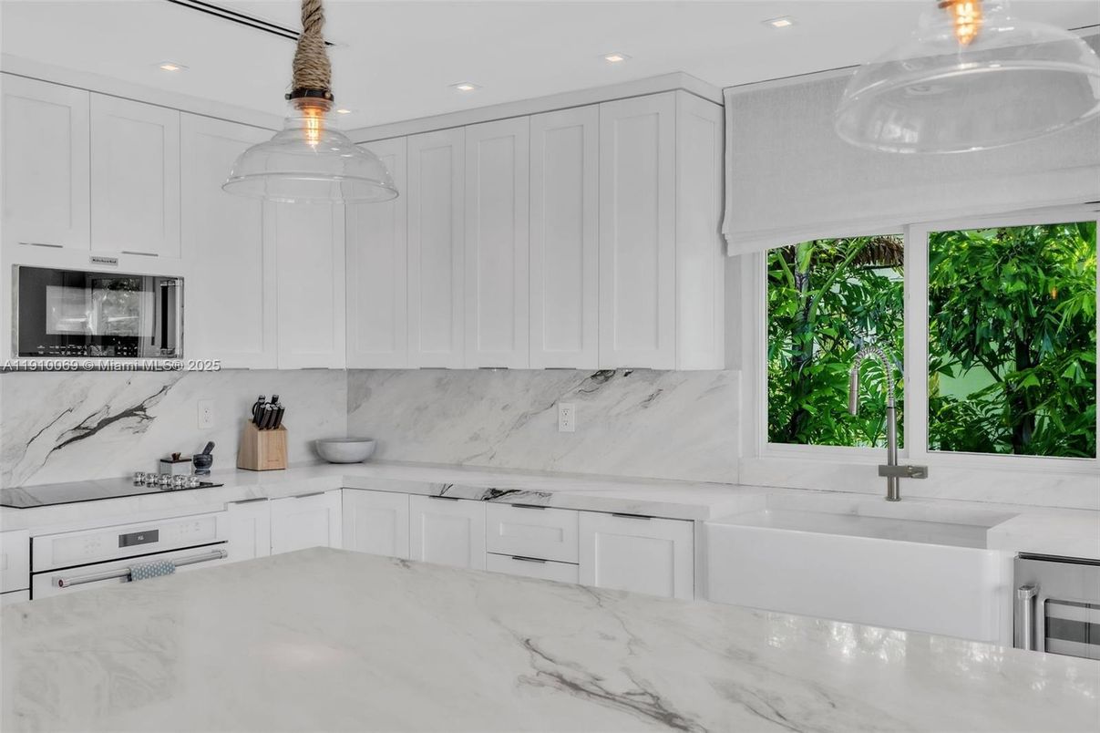 Interior, Kitchen, Marble Walls, Pendant Lights, Recessed Lighting