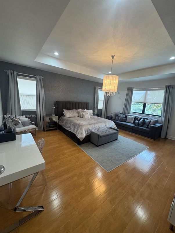 Bedroom, Chandelier, Interior, Recessed Lighting, Wood Texture Flooring