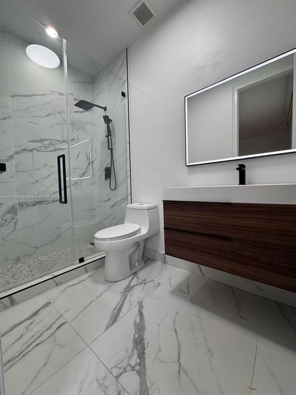 Bathroom, Glass Shower, Interior, Marble, Marble Walls, Recessed Lighting