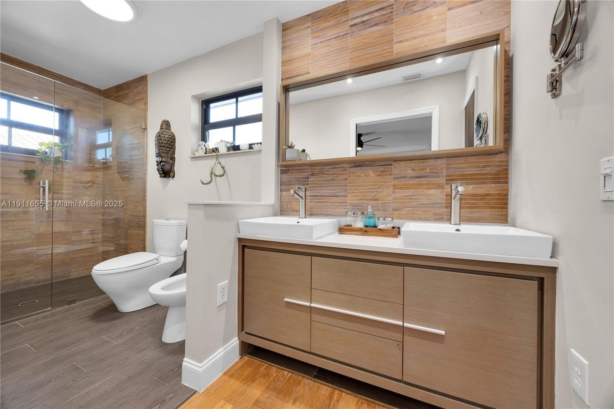 Bathroom, Dual Sink Vanities, Glass Shower, Interior, Recessed Lighting, Wood Texture Flooring