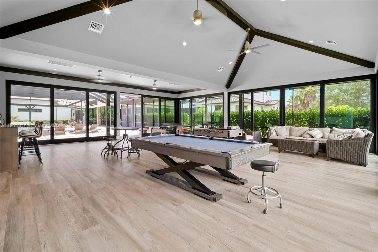 Billiard Table, Game Room, Interior, Recessed Lighting, Wood Texture Flooring