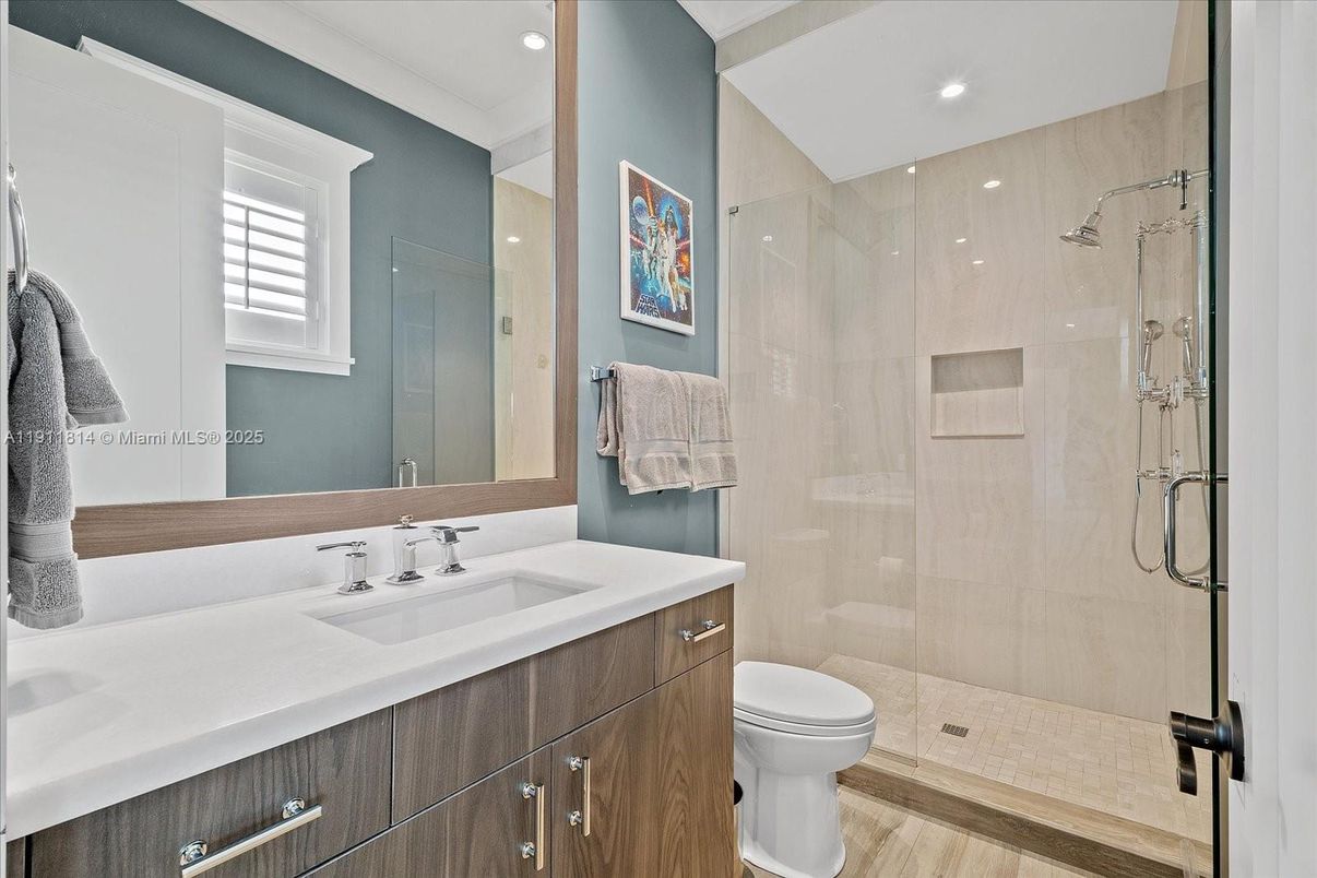 Bathroom, Glass Shower, Interior, Recessed Lighting, Wood Texture Flooring