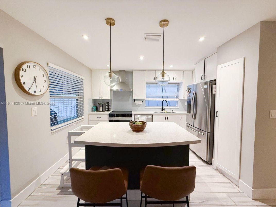 Interior, Kitchen, Marble, Pendant Lights, Recessed Lighting, Stainless Steel Appliances