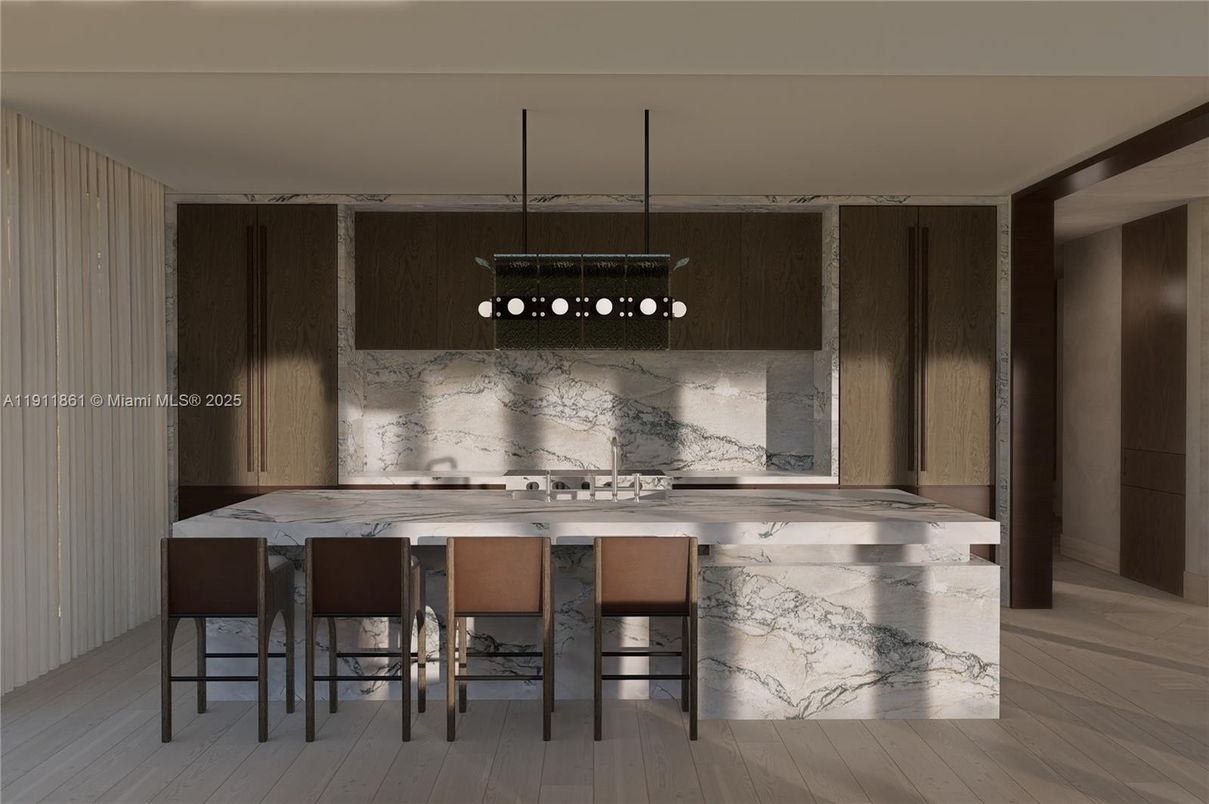 Interior, Kitchen, Marble Walls, Pendant Lights, Wood Texture Flooring