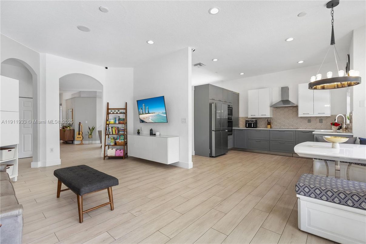 Interior, Kitchen, Pendant Lights, Recessed Lighting, Stainless Steel Appliances, Wood Texture Flooring