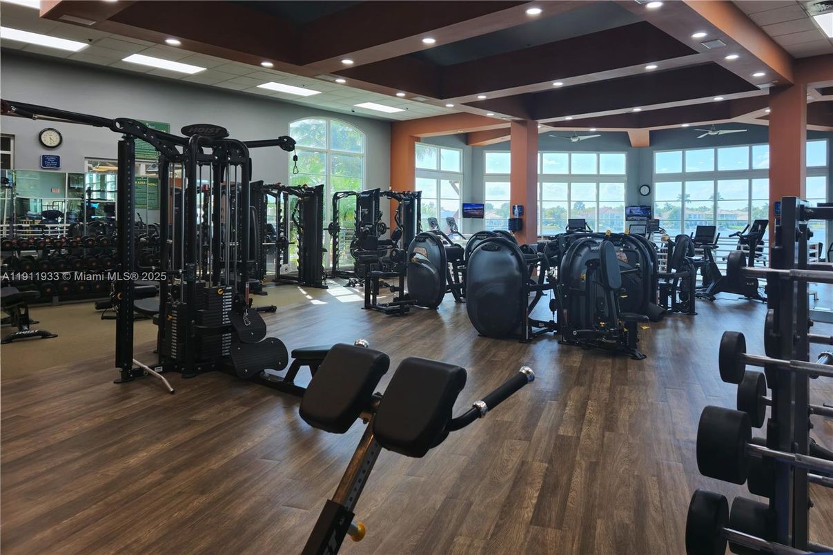 Fitness Equipment, Gym, Interior, Recessed Lighting, Wood Texture Flooring