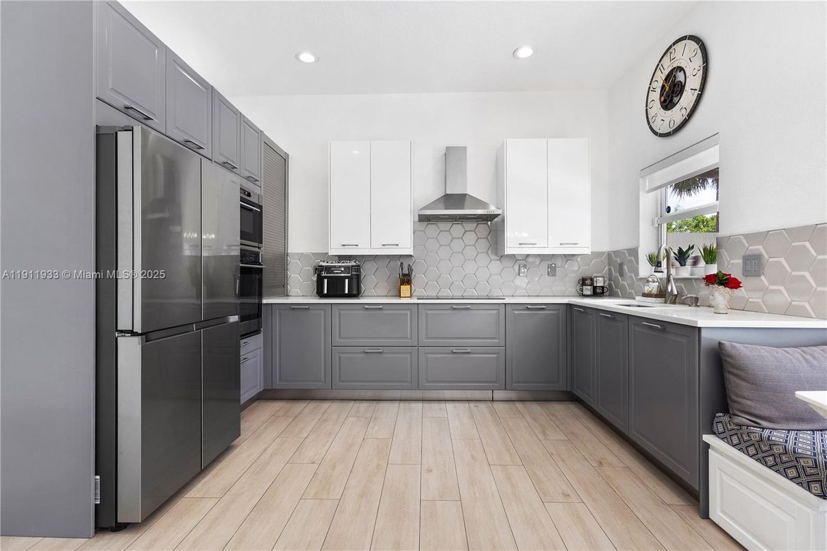 Interior, Kitchen, Recessed Lighting, Stainless Steel Appliances, Wood Texture Flooring