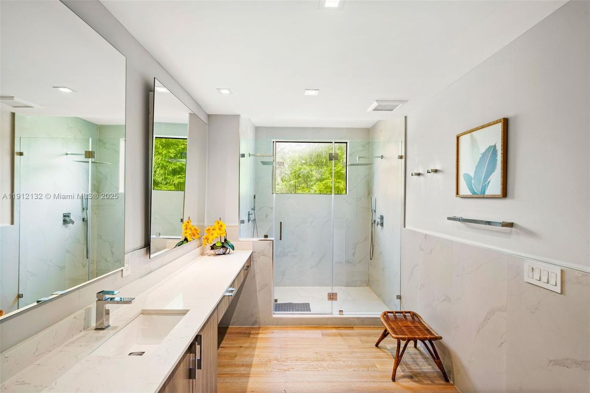 Bathroom, Glass Shower, Interior, Marble Walls, Recessed Lighting, Wood Texture Flooring