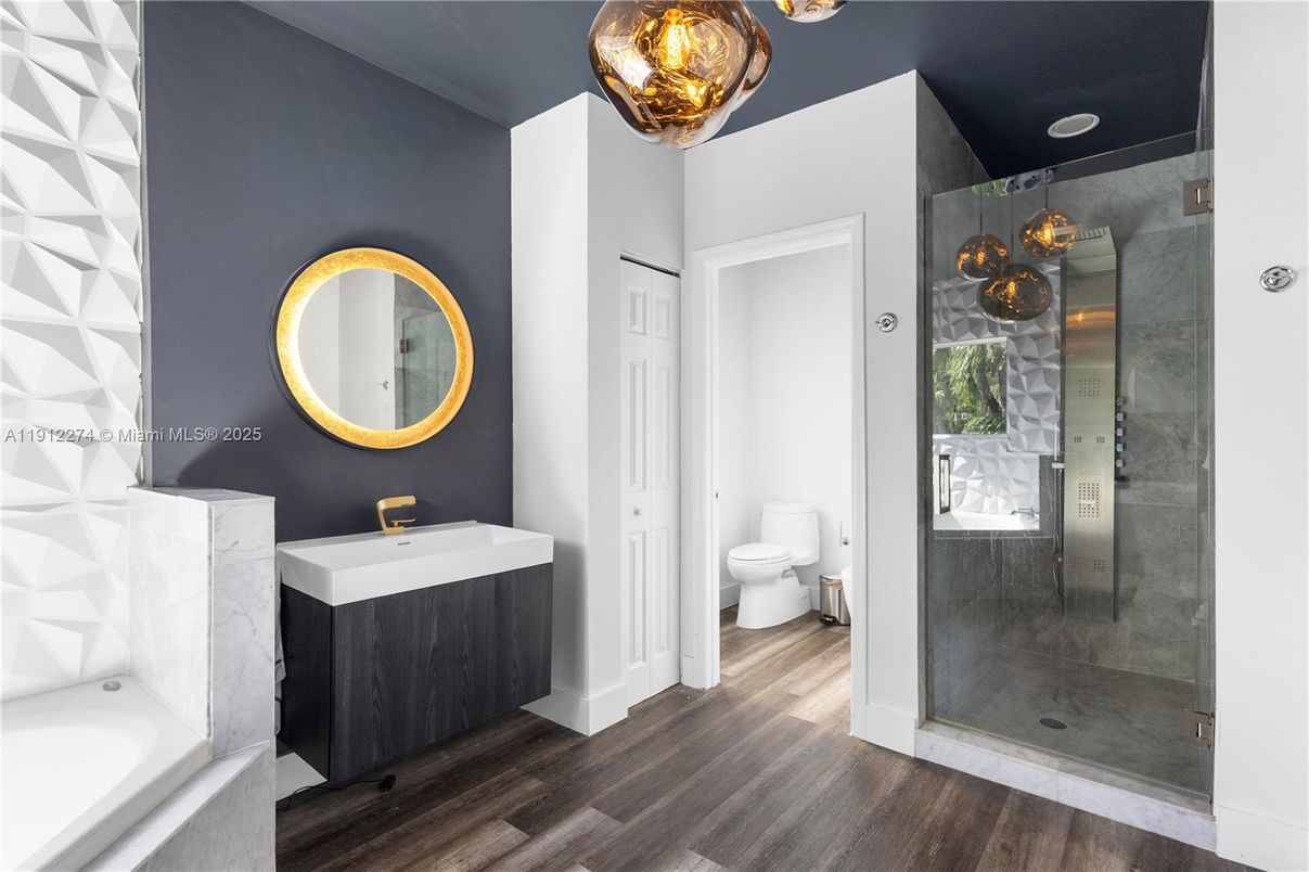 Bathroom, Glass Shower, Interior, Wood Texture Flooring