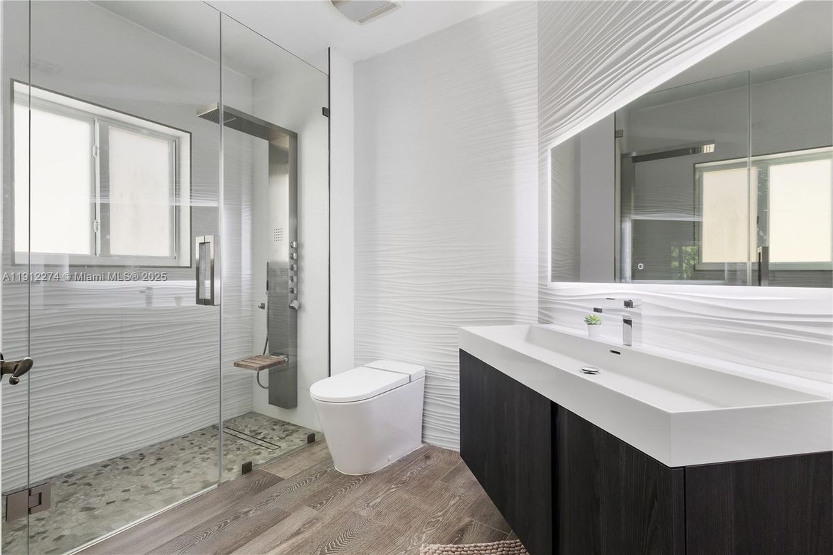 Bathroom, Glass Shower, Interior, Wood Texture Flooring