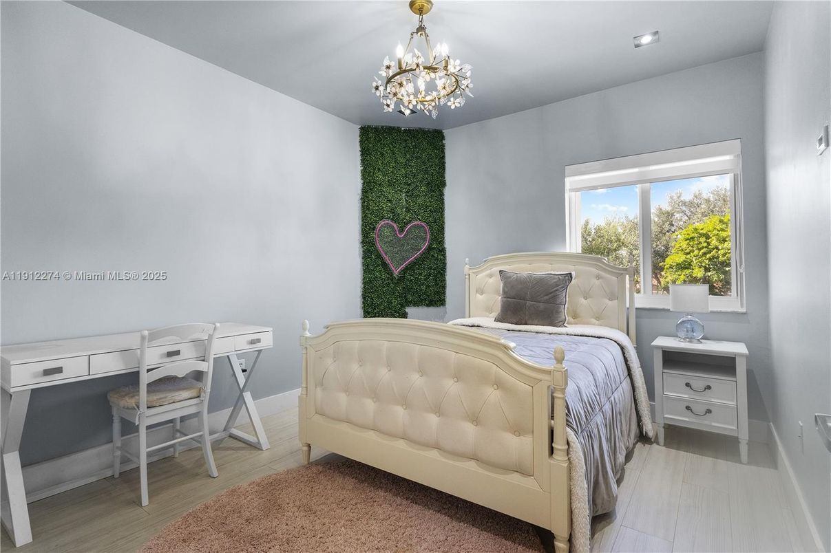 Bedroom, Chandelier, Interior, Recessed Lighting, Wood Texture Flooring