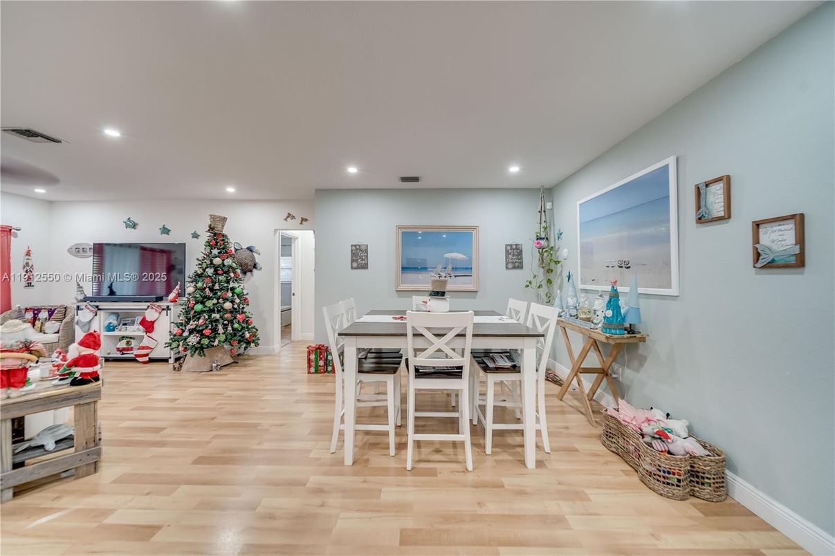 Dining room, Interior, Recessed Lighting, Wood Texture Flooring
