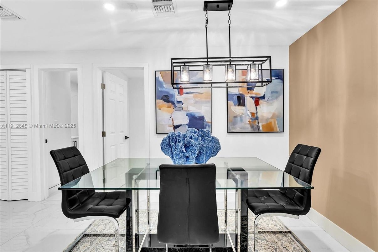 Dining room, Interior, Marble, Pendant Lights, Recessed Lighting