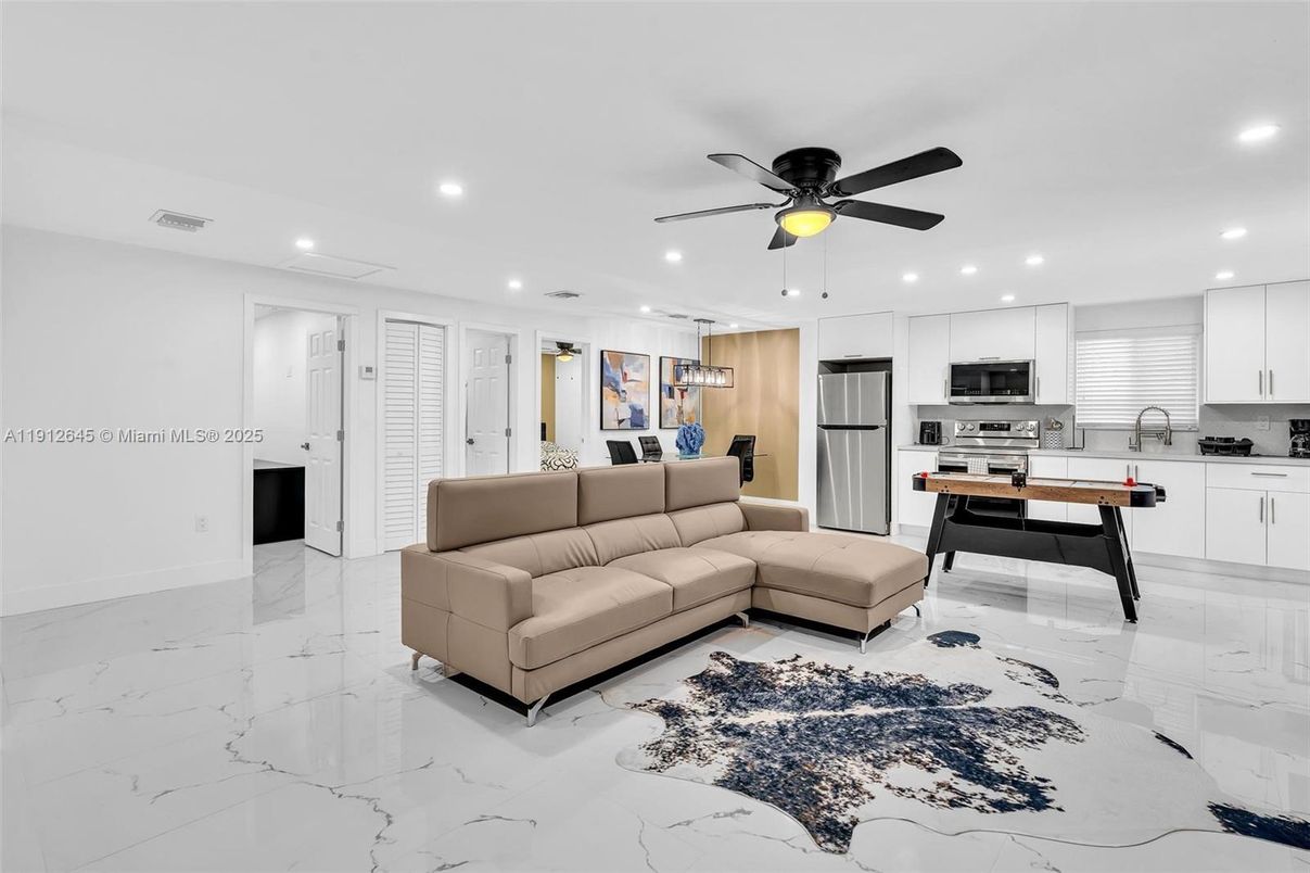 Interior, Kitchen, Living room, Marble, Recessed Lighting, Stainless Steel Appliances