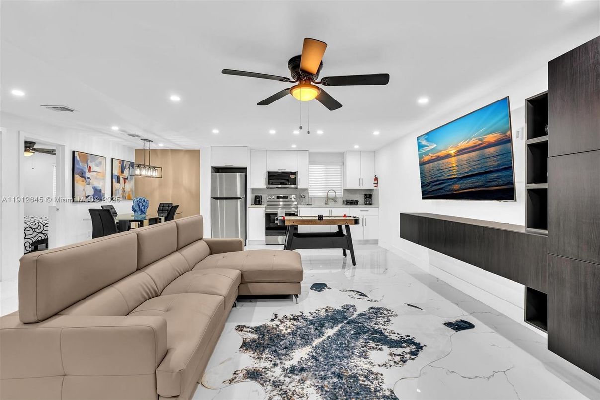 Dining room, Interior, Kitchen, Living room, Marble, Pendant Lights, Recessed Lighting, Stainless Steel Appliances