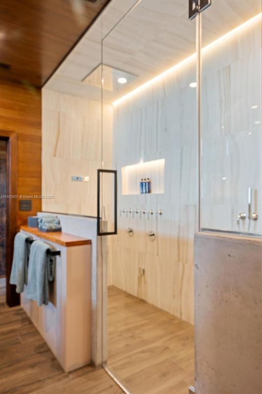 Bathroom, Interior, Recessed Lighting, Wooden Ceilings, Wood Texture Flooring, Wooden Walls