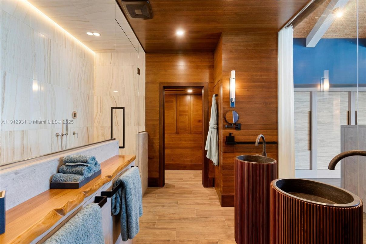 Bathroom, Dual Sink Vanities, Interior, Recessed Lighting, Wood Texture Flooring, Wooden Walls