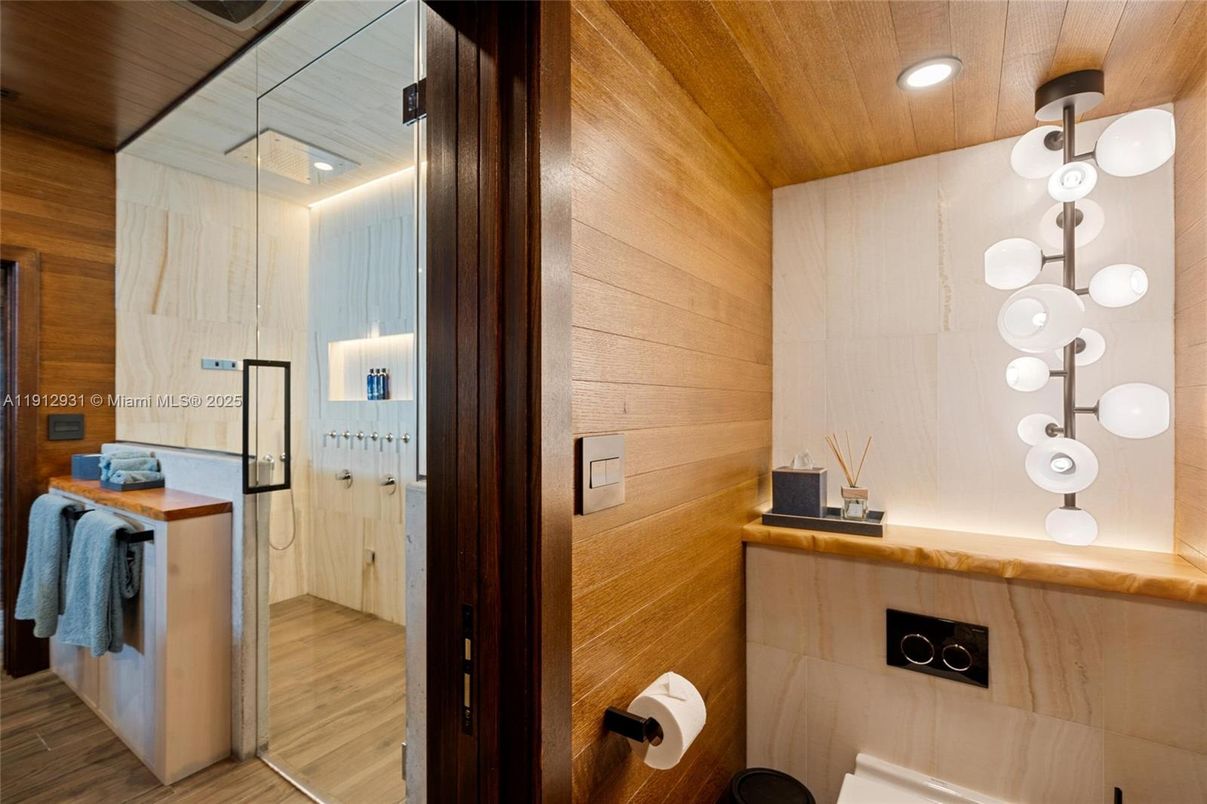 Bathroom, Interior, Recessed Lighting, Wooden Ceilings, Wood Texture Flooring, Wooden Walls