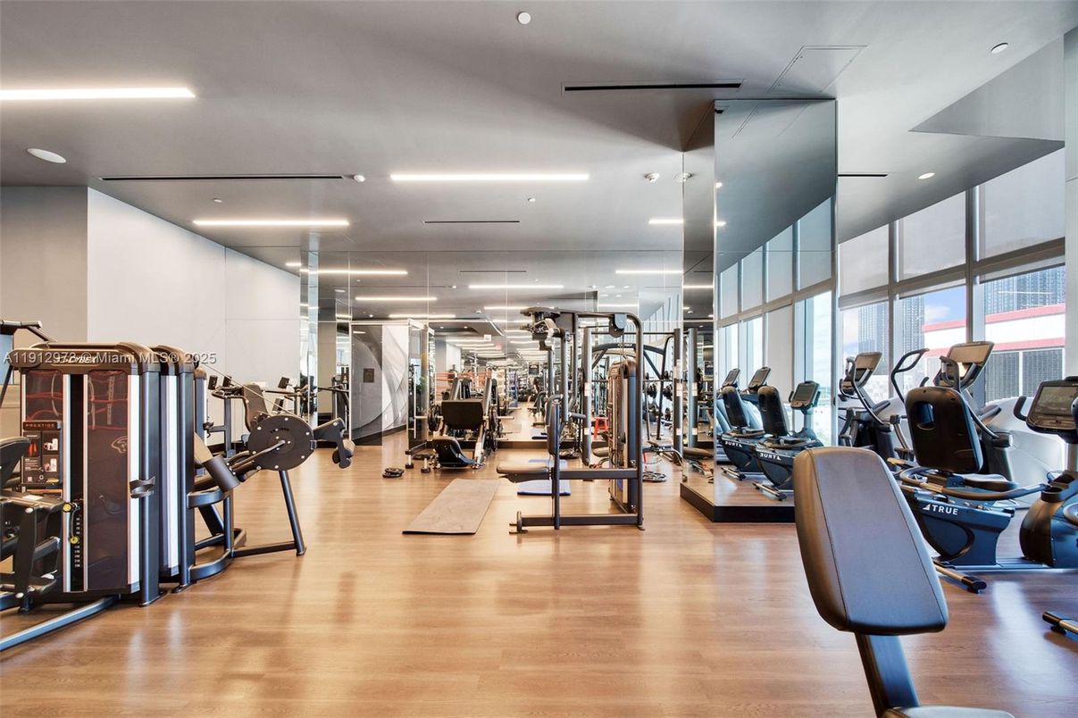 Fitness Equipment, Gym, Interior, Recessed Lighting, Wood Texture Flooring