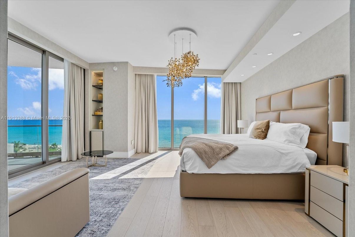 Bedroom, Chandelier, Interior, Recessed Lighting, Water, Wood Texture Flooring