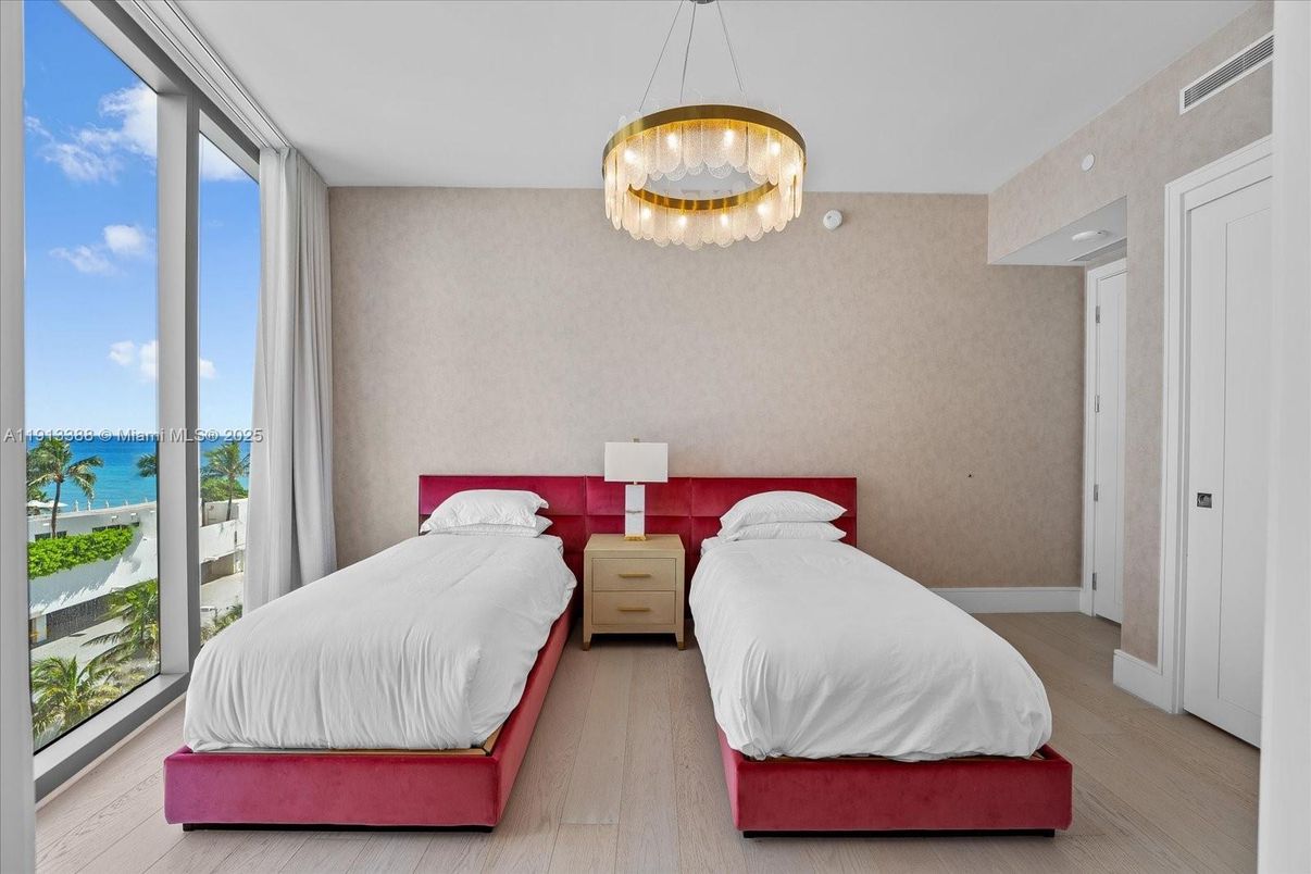 Bedroom, Interior, Pendant Lights, Water, Wood Texture Flooring