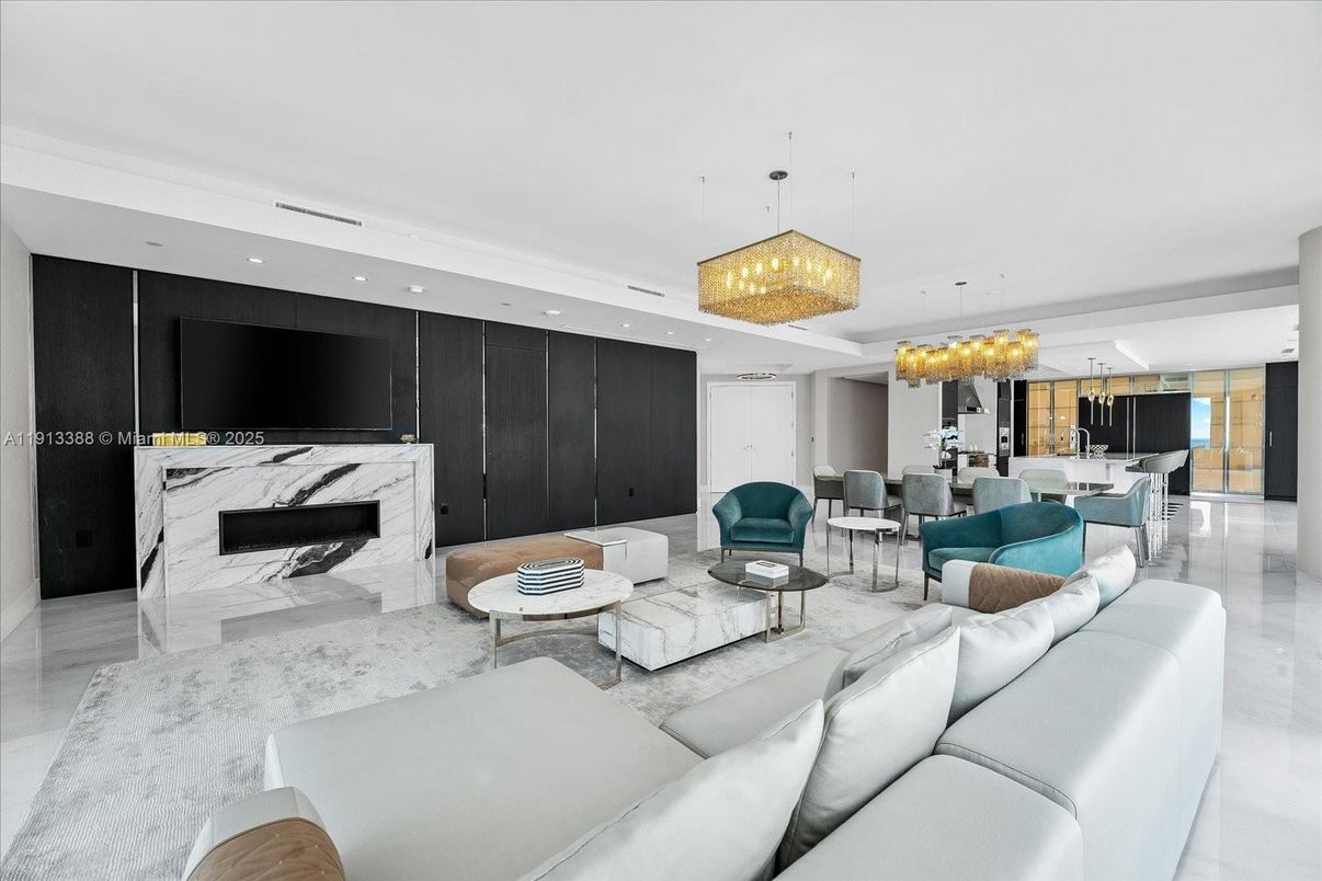 Chandelier, Dining room, Fireplace, Interior, Kitchen, Living room, Pendant Lights, Recessed Lighting